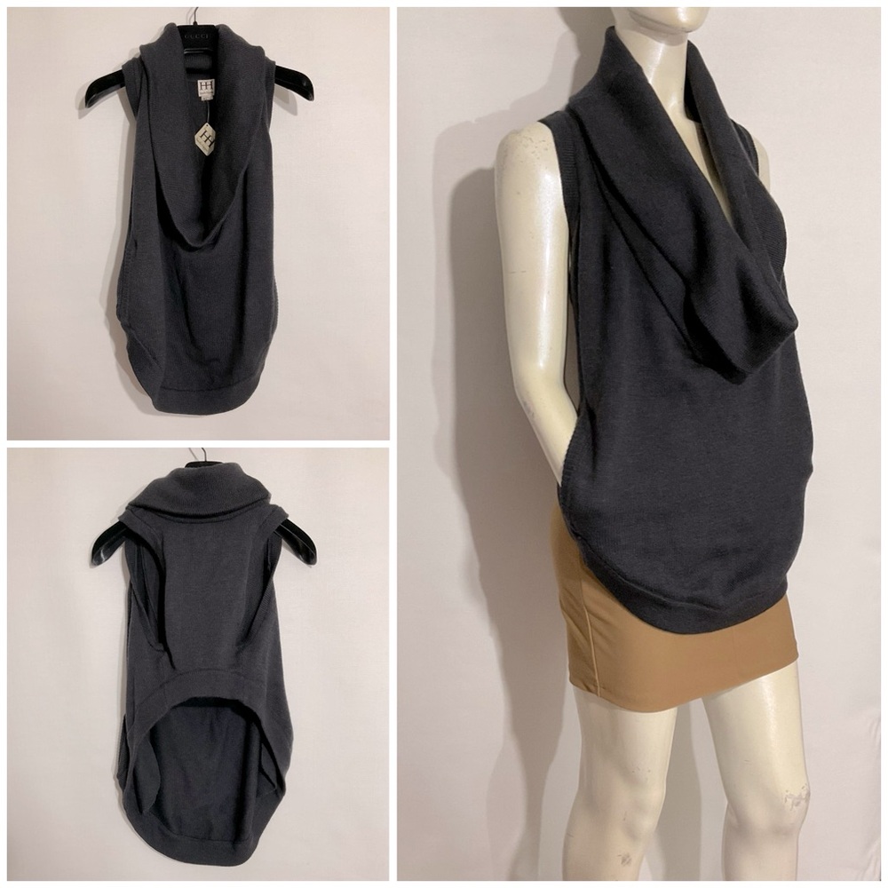 Haute Hippie 100% Wool Draped Cowl Funnel Neck Sleeveless Sweater with Pockets